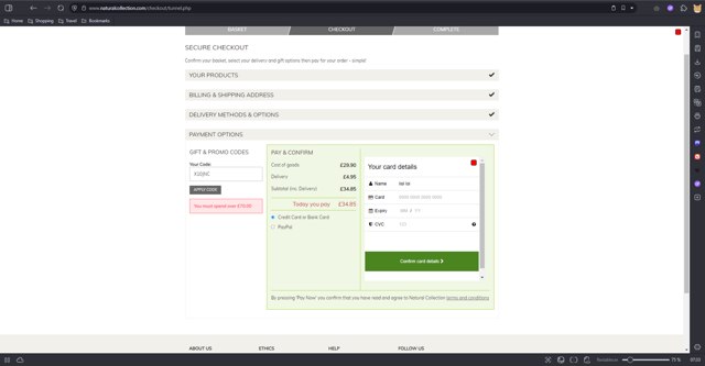 Natural Collection checkout page showing Natural Collection promo code box | Screenshot taken by SimplyCodes community member on May 7, 2025