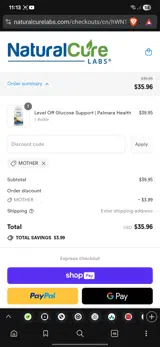 Natural Cure Labs coupon verification screenshot