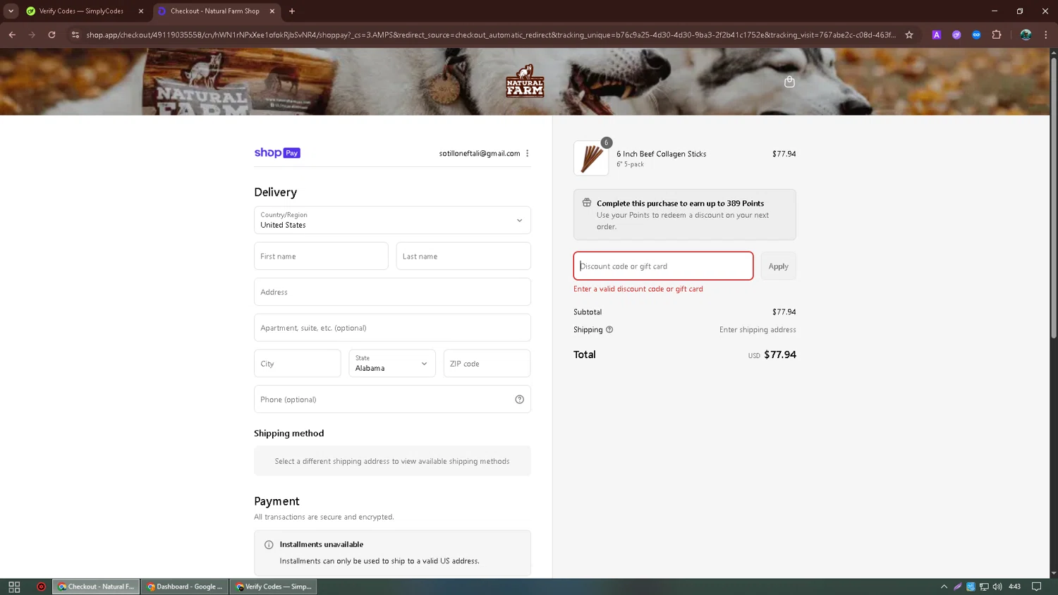 Natural Farm Pet promo code screenshot showing code THANKYOU10 applied at Natural Farm Pet checkout page. Uploaded by SimplyCodes community member neurioandrades on Aug 16, 2025
