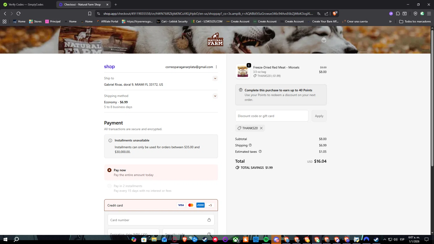 Natural Farm Pet promo code screenshot showing code THANKS20 applied at Natural Farm Pet checkout page. Uploaded by SimplyCodes community member Nulo0000 on Jan 1, 2026