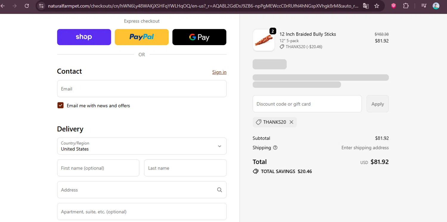Natural Farm Pet promo code screenshot showing code THANKS20 applied at Natural Farm Pet checkout page. Uploaded by SimplyCodes community member elgatobravo on Dec 12, 2025