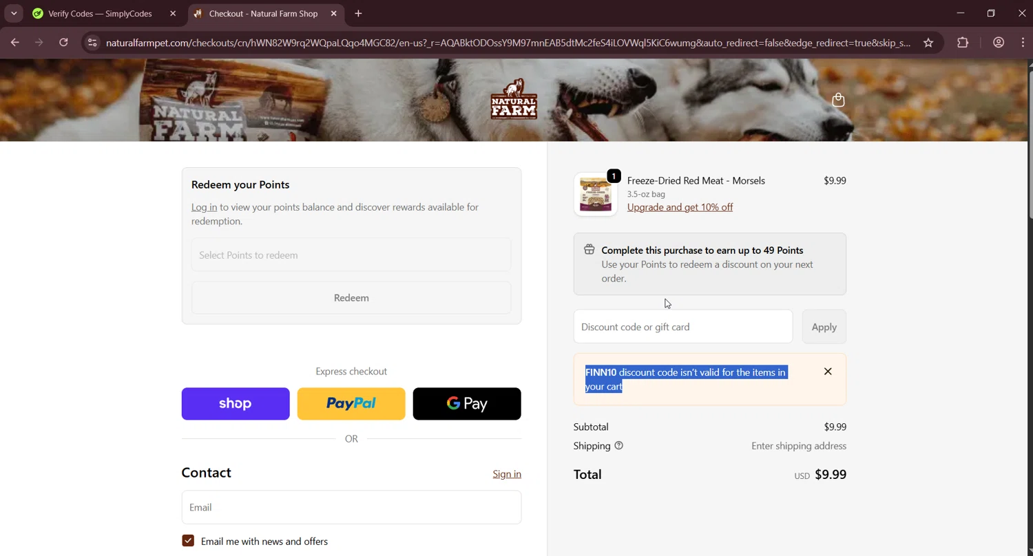 Natural Farm Pet checkout page showing Natural Farm Pet promo code box | Screenshot taken by SimplyCodes community member on Jan 26, 2026