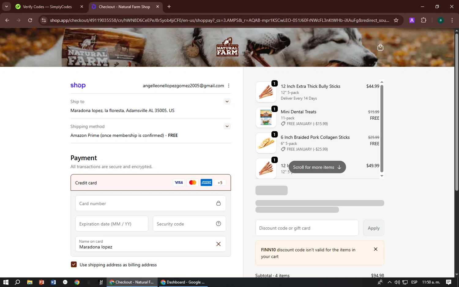 Natural Farm Pet checkout page showing Natural Farm Pet promo code box | Screenshot taken by SimplyCodes community member on Jan 30, 2026