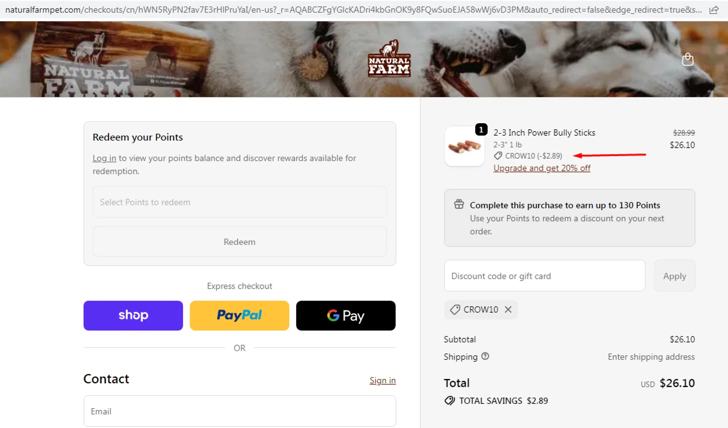 Natural Farm Pet promo code screenshot showing code CROW10 applied at Natural Farm Pet checkout page. Uploaded by SimplyCodes community member EMILIANOMASABE on Nov 18, 2025