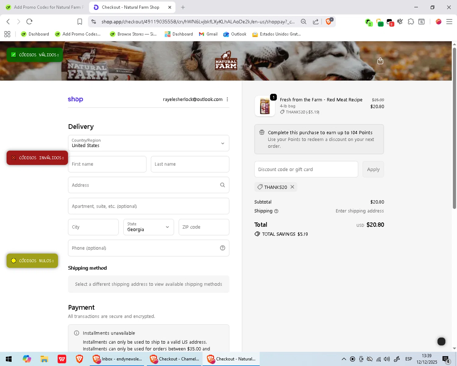 Natural Farm Pet promo code screenshot showing code THANKS20 applied at Natural Farm Pet checkout page. Uploaded by SimplyCodes community member Wukong on Dec 12, 2025