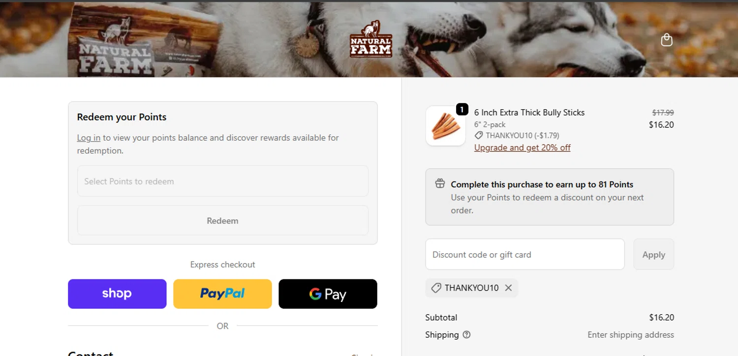 Natural Farm Pet promo code screenshot showing code THANKYOU10 applied at Natural Farm Pet checkout page. Uploaded by SimplyCodes community member ashe1986 on Nov 18, 2025
