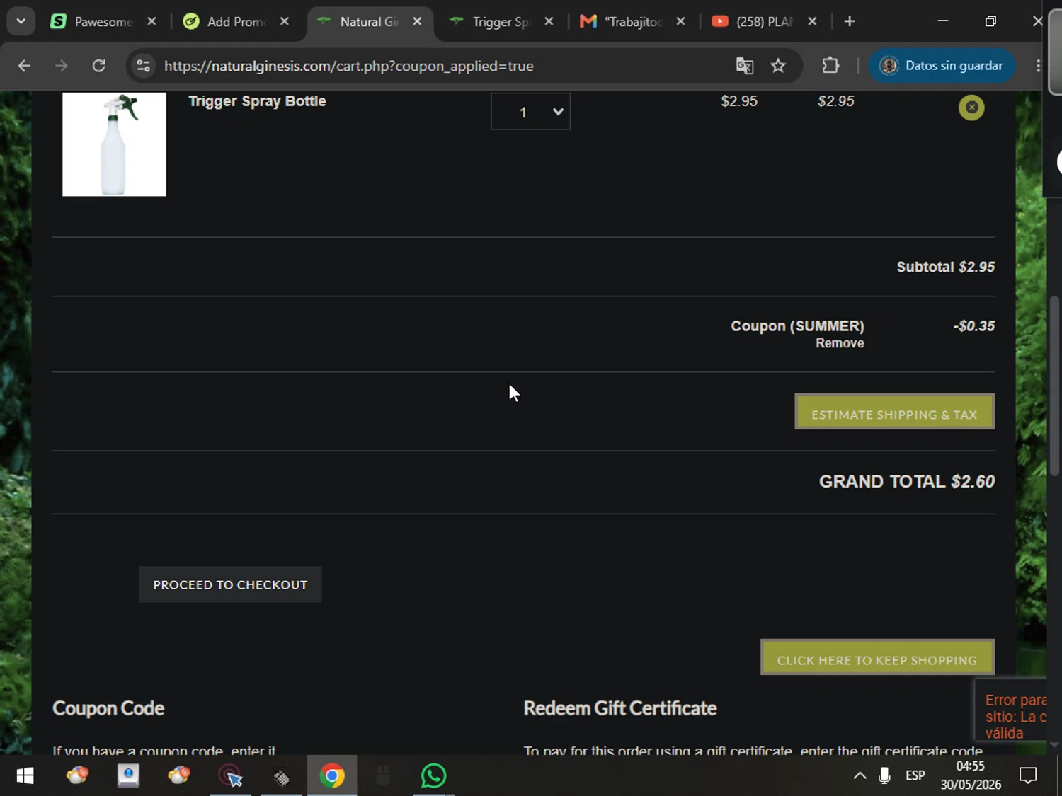 Natural Ginesis promo code screenshot showing code SUMMER applied at Natural Ginesis checkout page. Uploaded by SimplyCodes community member MarcosAranguren on May 30, 2026