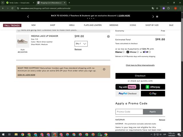 Naturalizer checkout page showing Naturalizer promo code box | Screenshot taken by SimplyCodes community member on Aug 14, 2025