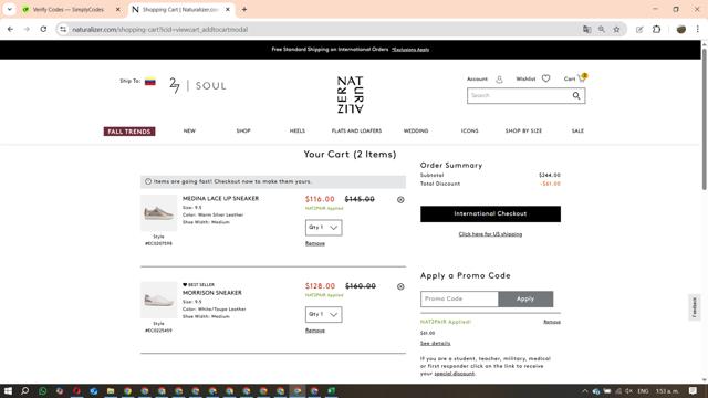 Naturalizer checkout page showing Naturalizer promo code box | Screenshot taken by SimplyCodes community member on Aug 14, 2025