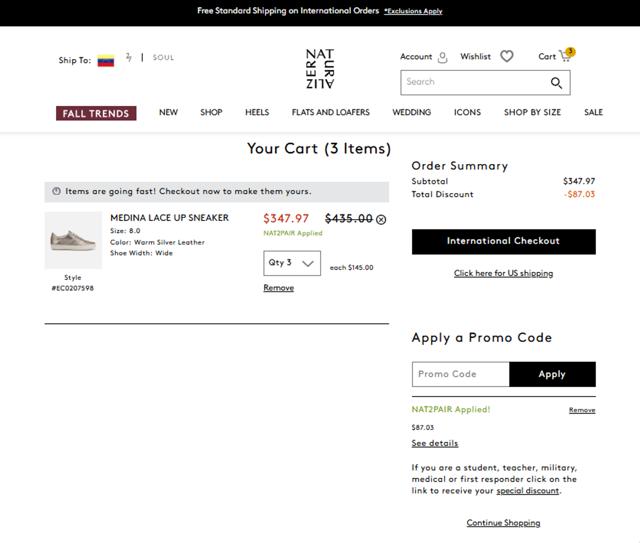Naturalizer checkout page showing Naturalizer promo code box | Screenshot taken by SimplyCodes community member on Aug 25, 2025