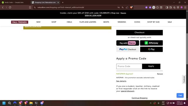 Naturalizer checkout page showing Naturalizer promo code box | Screenshot taken by SimplyCodes community member on Sep 5, 2025