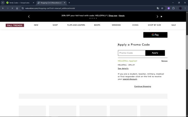 Naturalizer checkout page showing Naturalizer promo code box | Screenshot taken by SimplyCodes community member on Sep 11, 2025