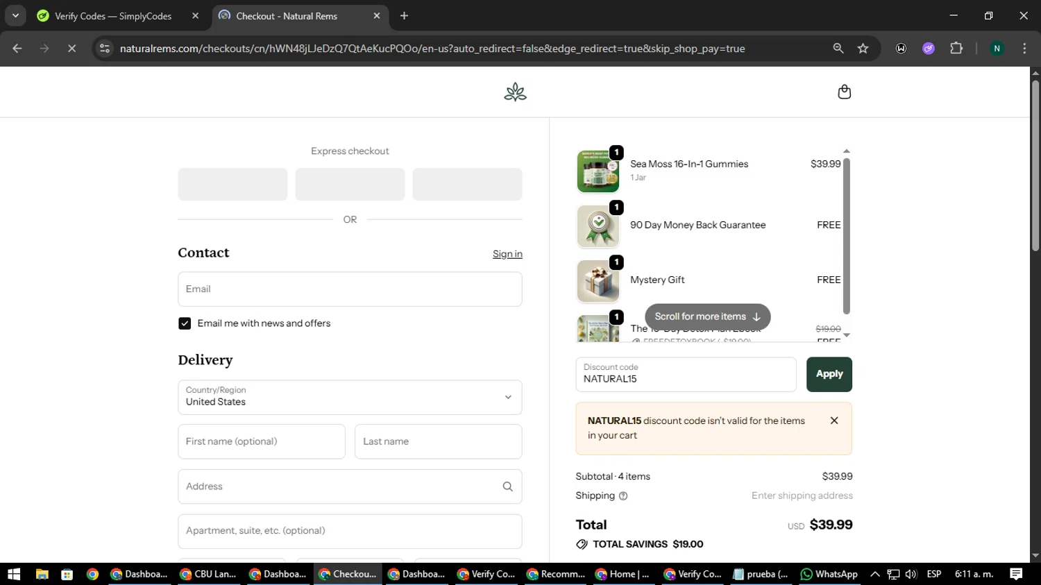 Natural Rems discount code screenshot showing code NATURAL15 applied at Natural Rems checkout page. Uploaded by SimplyCodes community member nataaokiiii on Oct 15, 2025
