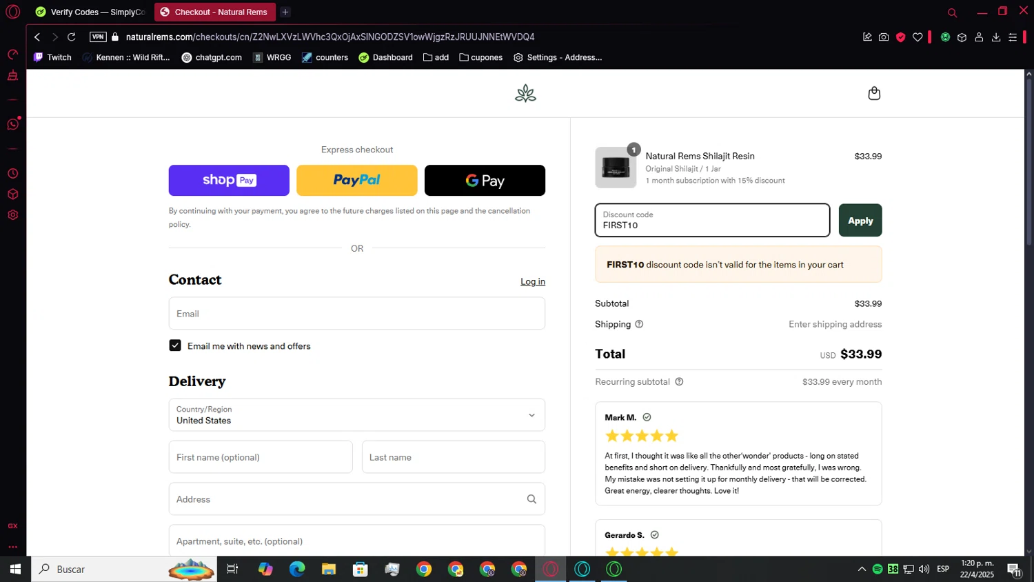 Natural Rems discount code screenshot showing code FIRST10 applied at Natural Rems checkout page. Uploaded by SimplyCodes community member Chukaflu on Apr 22, 2025