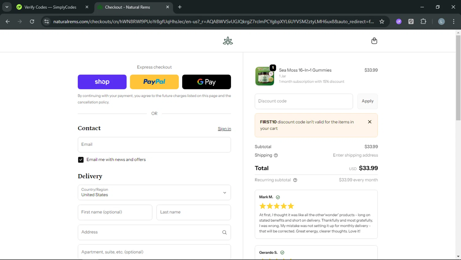 Natural Rems discount code screenshot showing code FIRST10 applied at Natural Rems checkout page. Uploaded by SimplyCodes community member RoyalOwl5790 on Feb 5, 2026