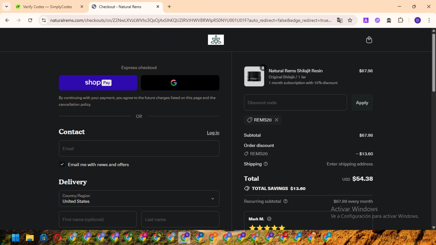 Natural Rems discount code screenshot showing code REMS20 applied at Natural Rems checkout page. Uploaded by SimplyCodes community member MagnificentFinder9583 on Jul 10, 2025