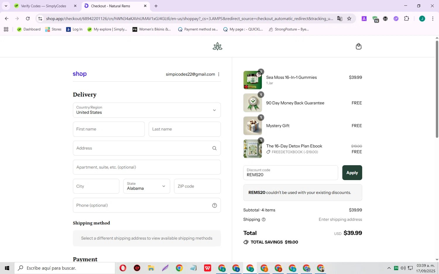 Natural Rems discount code screenshot showing code REMS20 applied at Natural Rems checkout page. Uploaded by SimplyCodes community member SarayH on Sep 17, 2025