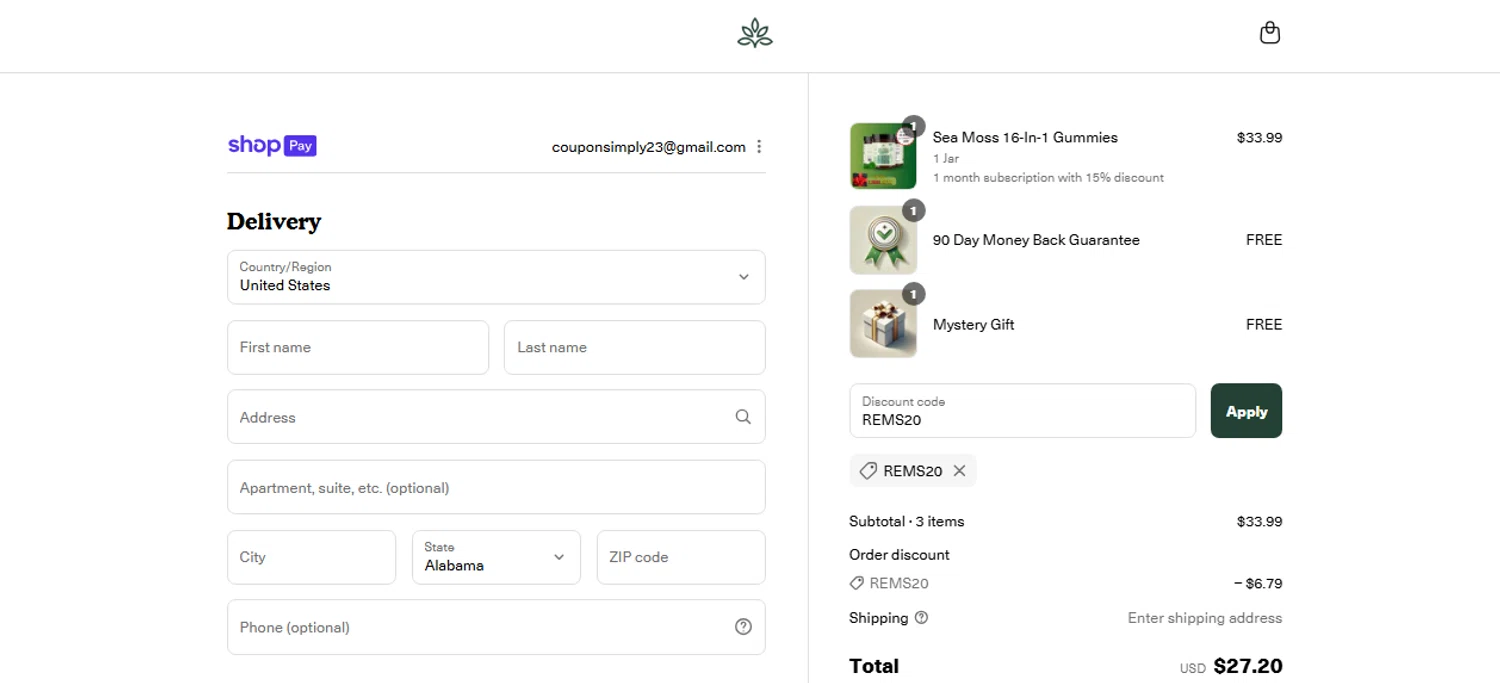 Natural Rems discount code screenshot showing code REMS20 applied at Natural Rems checkout page. Uploaded by SimplyCodes community member Vanecobyuv on Aug 13, 2025