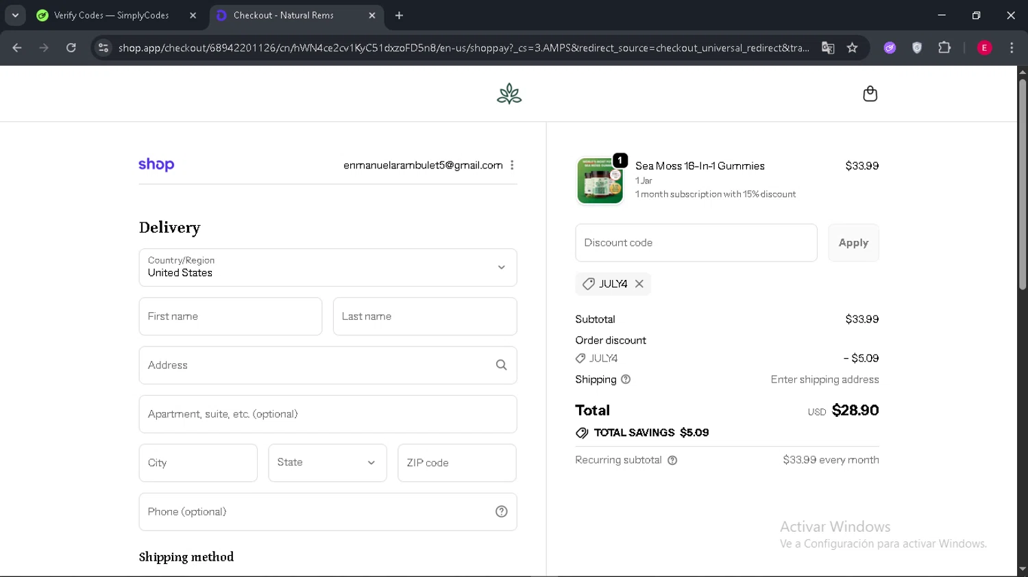 Natural Rems discount code screenshot showing code JULY4 applied at Natural Rems checkout page. Uploaded by SimplyCodes community member Arambulet on Oct 28, 2025