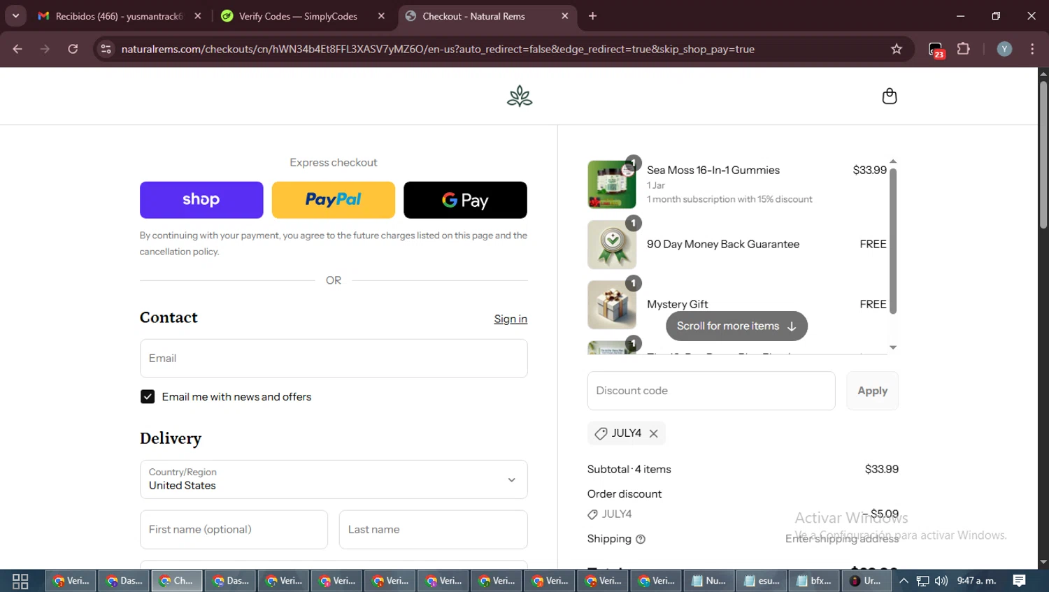 Natural Rems discount code screenshot showing code JULY4 applied at Natural Rems checkout page. Uploaded by SimplyCodes community member MoneyTiger5162 on Sep 17, 2025