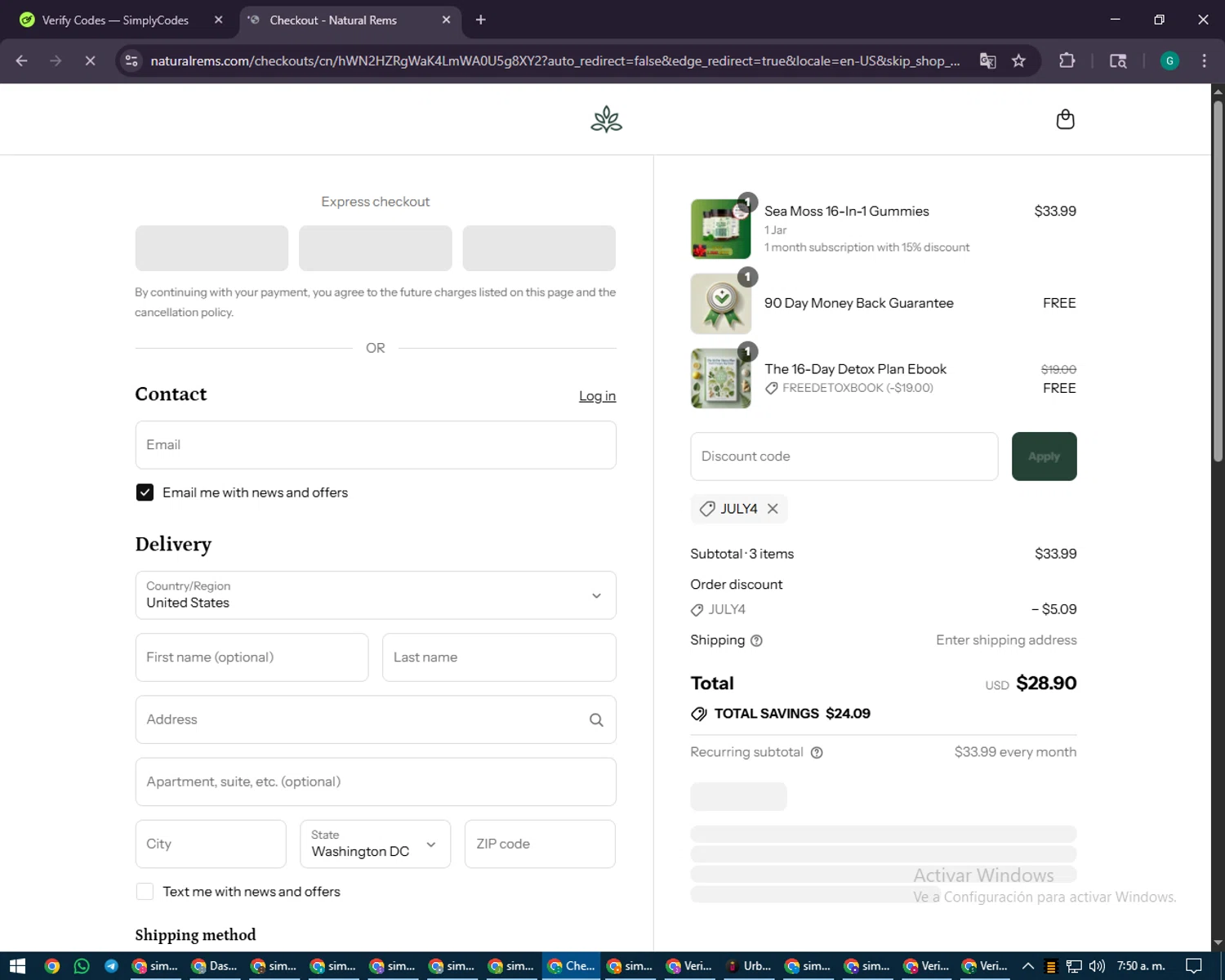 Natural Rems discount code screenshot showing code JULY4 applied at Natural Rems checkout page. Uploaded by SimplyCodes community member PennyFinder5759 on Aug 27, 2025
