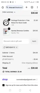 Birthday15 coupon verification screenshot