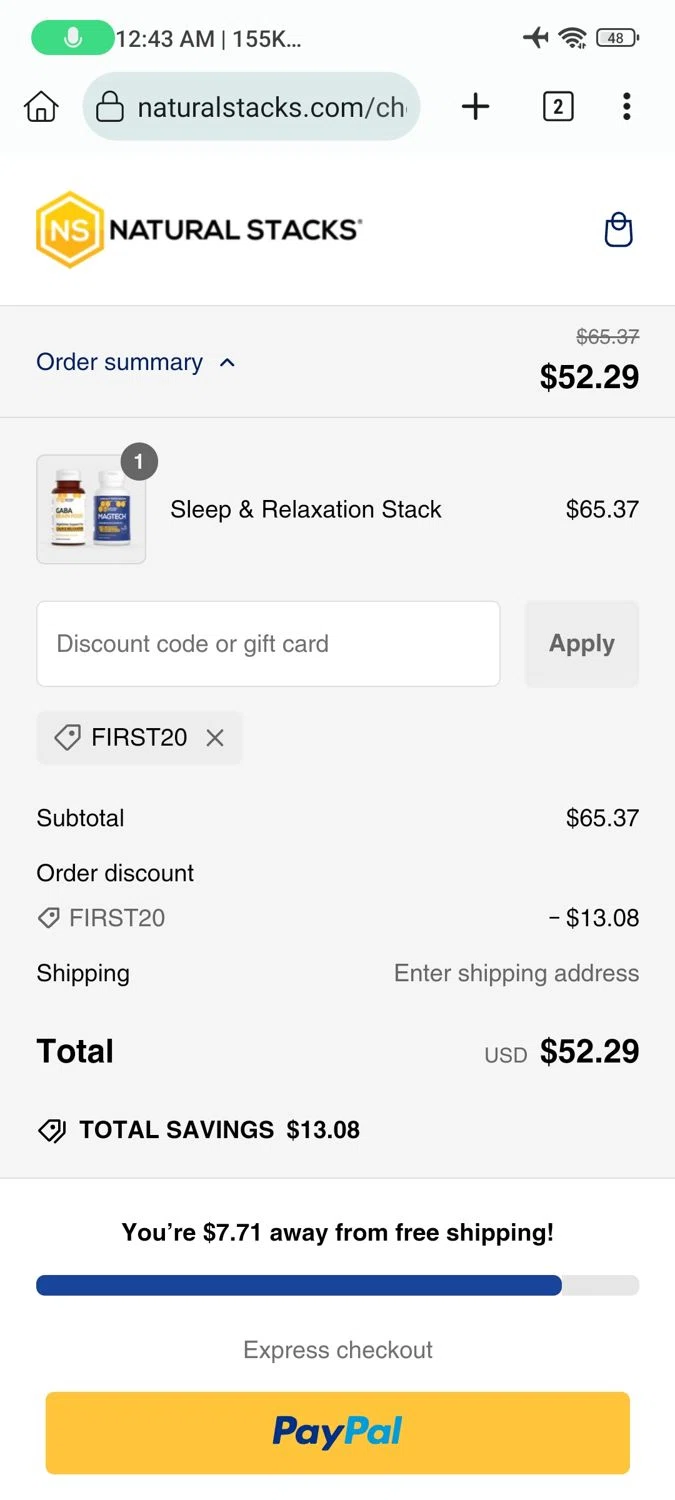 Natural Stacks promo code screenshot showing code FIRST20 applied at Natural Stacks checkout page. Uploaded by SimplyCodes community member GoldAdmiral5202 on Dec 30, 2024