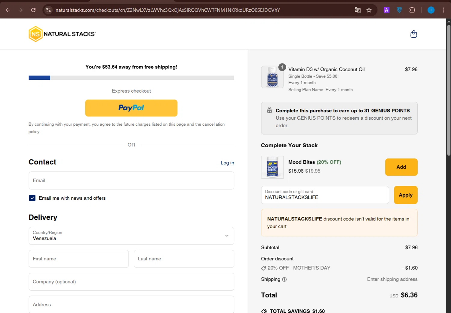 Natural Stacks promo code screenshot showing code NATURALSTACKSLIFE applied at Natural Stacks checkout page. Uploaded by SimplyCodes community member TreasureScout5082 on May 7, 2025
