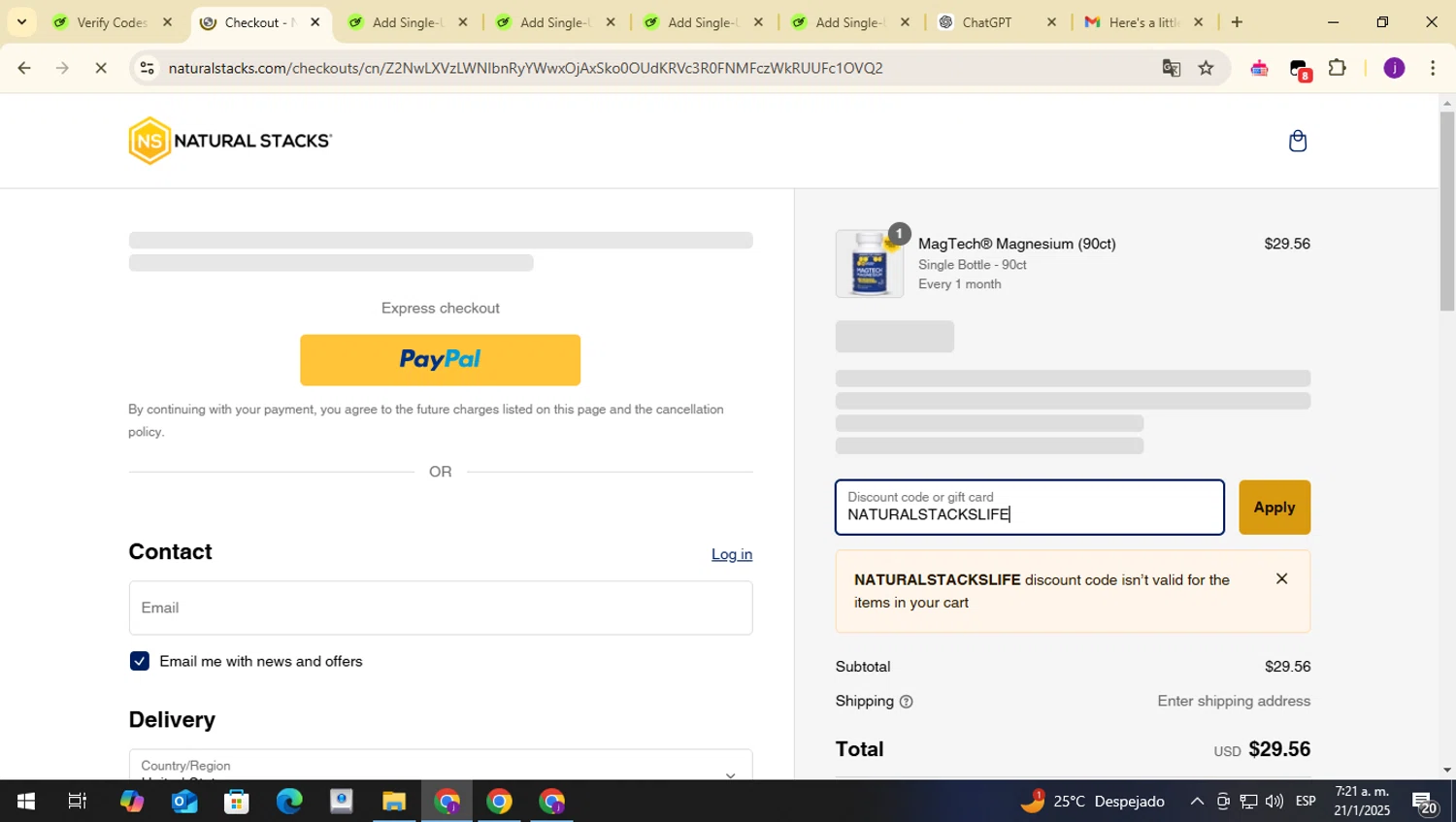 Natural Stacks promo code screenshot showing code NATURALSTACKSLIFE applied at Natural Stacks checkout page. Uploaded by SimplyCodes community member MagnificentWizard8353 on Jan 21, 2025