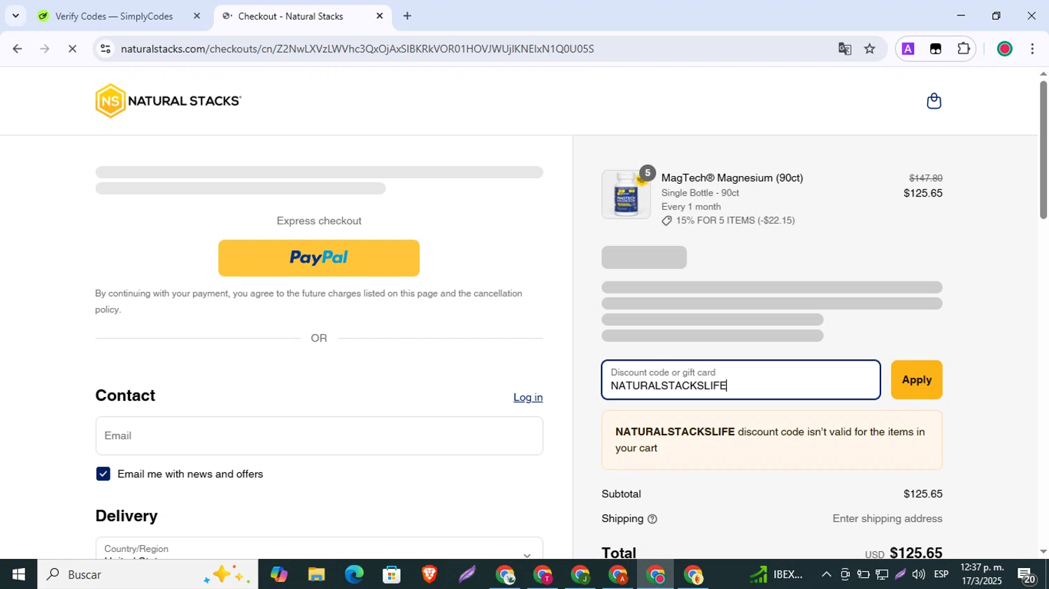 Natural Stacks promo code screenshot showing code NATURALSTACKSLIFE applied at Natural Stacks checkout page. Uploaded by SimplyCodes community member BrilliantLynx1642 on Mar 17, 2025
