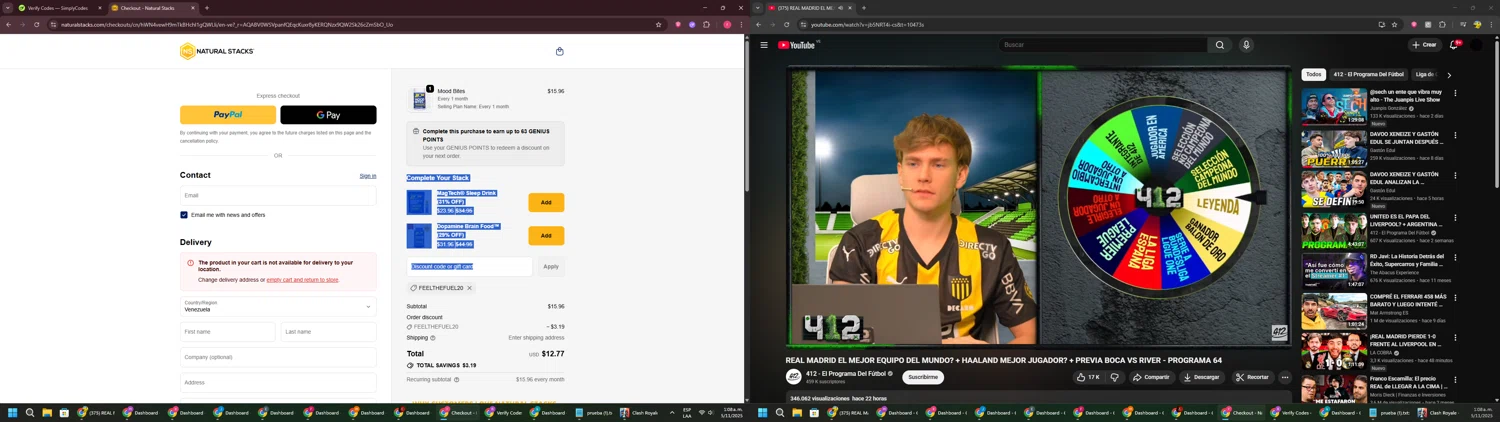 Natural Stacks promo code screenshot showing code FEELTHEFUEL20 applied at Natural Stacks checkout page. Uploaded by SimplyCodes community member CouponSage7331 on Nov 5, 2025