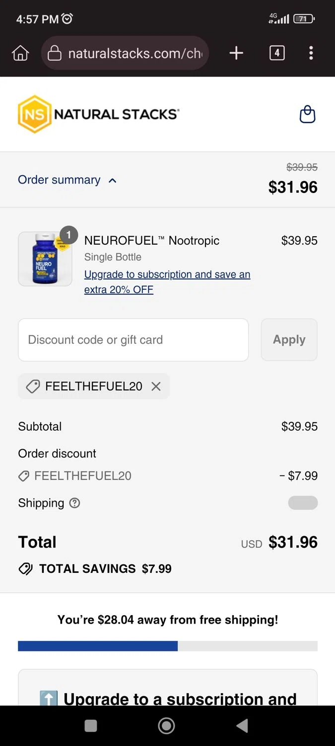 Natural Stacks promo code screenshot showing code FEELTHEFUEL20 applied at Natural Stacks checkout page. Uploaded by SimplyCodes community member CrownLion2750 on Aug 1, 2025