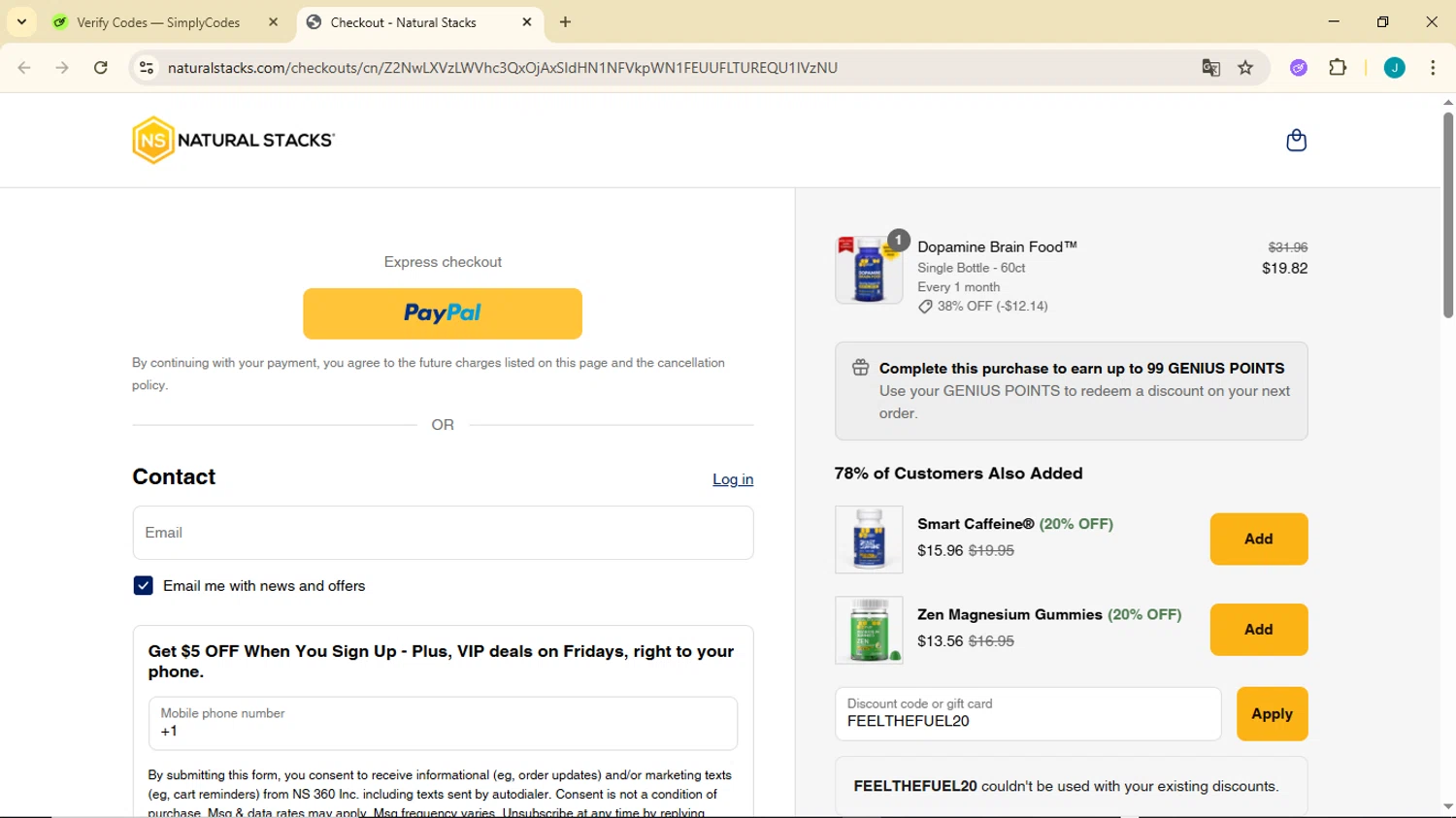 Natural Stacks promo code screenshot showing code FEELTHEFUEL20 applied at Natural Stacks checkout page. Uploaded by SimplyCodes community member GoldDefender3268 on May 30, 2025