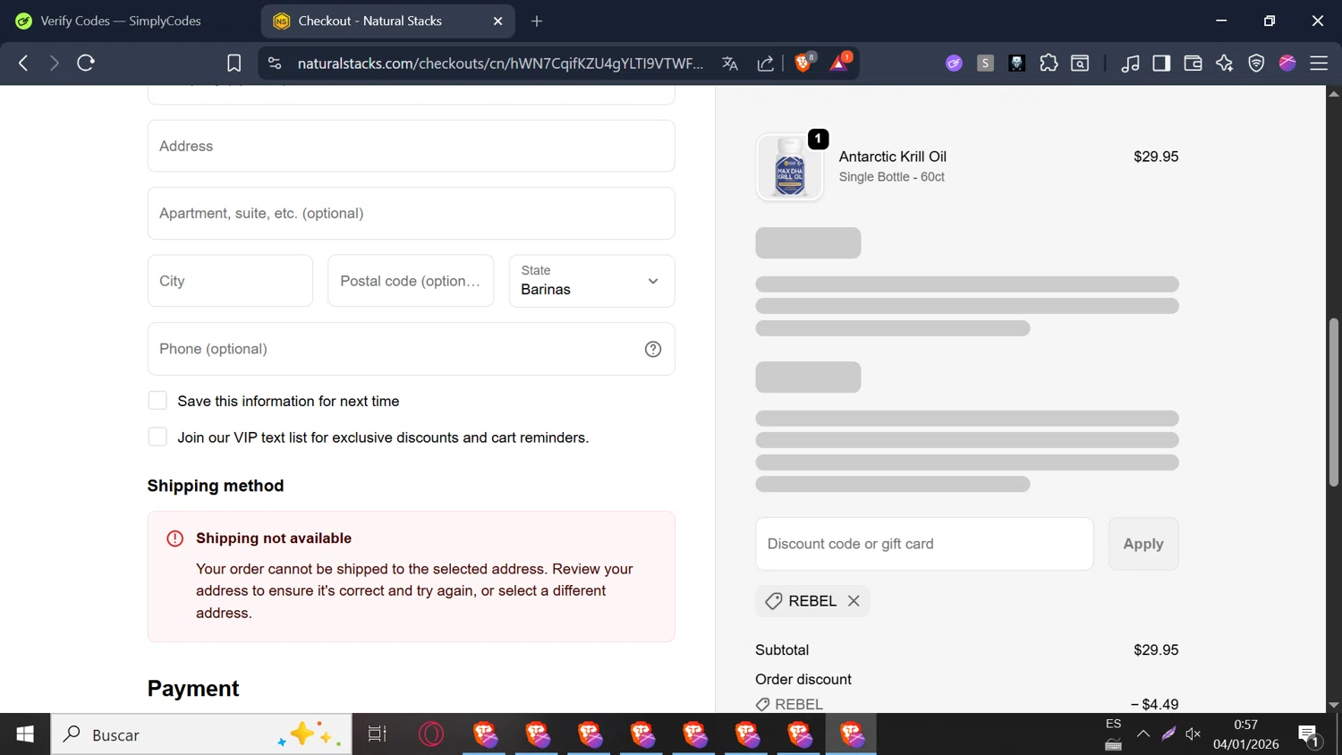 Natural Stacks promo code screenshot showing code REBEL applied at Natural Stacks checkout page. Uploaded by SimplyCodes community member VoucherDefender1570 on Jan 4, 2026