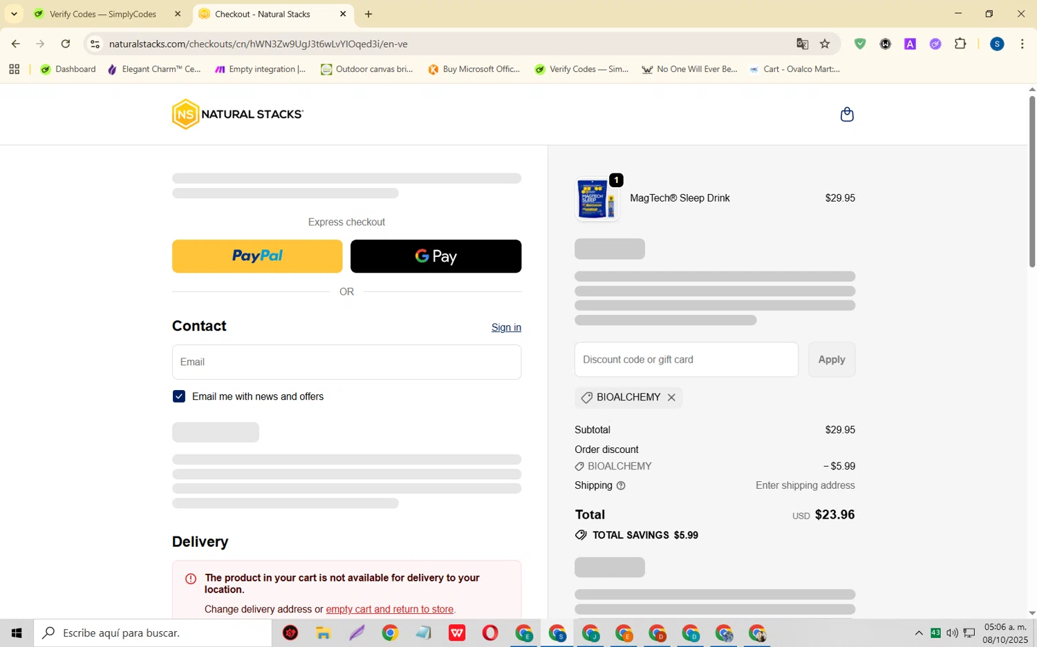 Natural Stacks promo code screenshot showing code BIOALCHEMY applied at Natural Stacks checkout page. Uploaded by SimplyCodes community member CleverOwl2485 on Oct 8, 2025