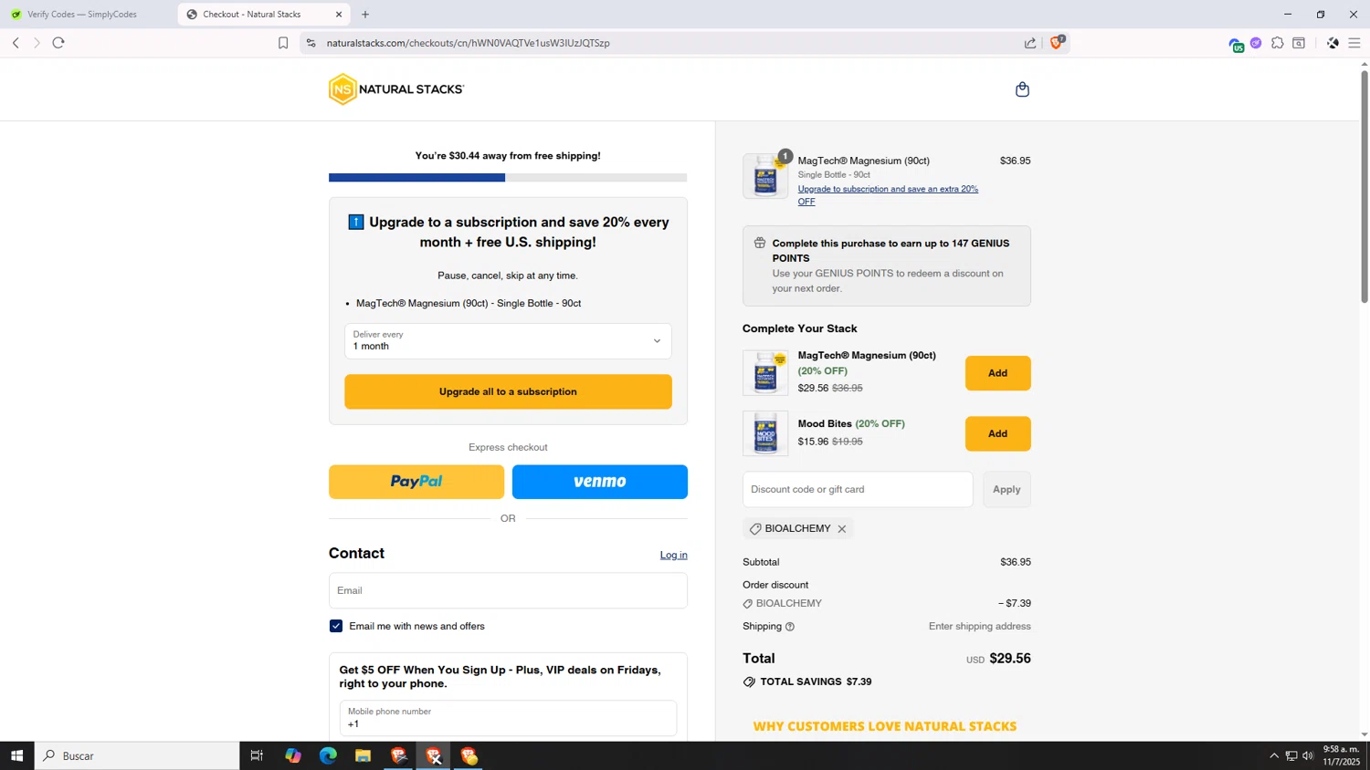 Natural Stacks promo code screenshot showing code BIOALCHEMY applied at Natural Stacks checkout page. Uploaded by SimplyCodes community member VictoriousDefender7352 on Jul 11, 2025