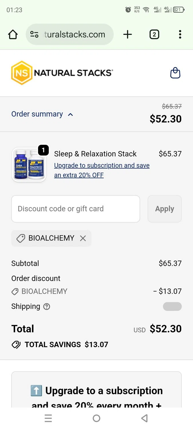 Natural Stacks promo code screenshot showing code BIOALCHEMY applied at Natural Stacks checkout page. Uploaded by SimplyCodes community member rafaelmarquez on Oct 12, 2025