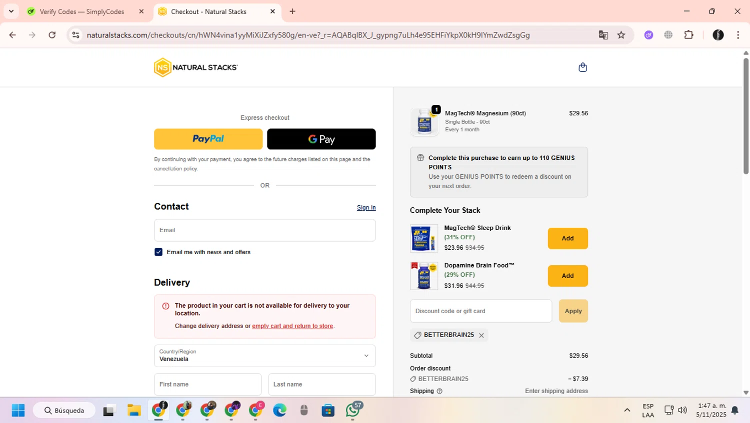 Natural Stacks promo code screenshot showing code BETTERBRAIN25 applied at Natural Stacks checkout page. Uploaded by SimplyCodes community member ChinoYugiXD on Nov 5, 2025