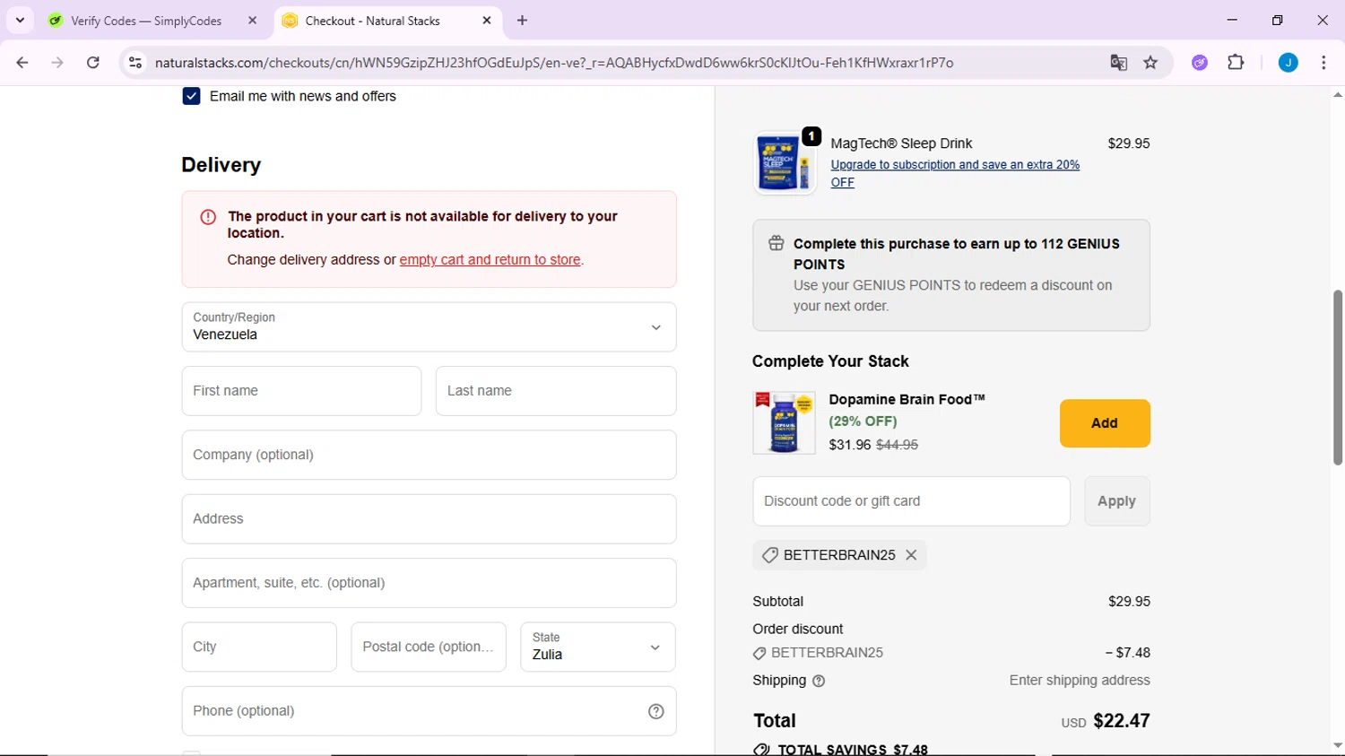 Natural Stacks promo code screenshot showing code BETTERBRAIN25 applied at Natural Stacks checkout page. Uploaded by SimplyCodes community member CodeLynx3161 on Nov 10, 2025