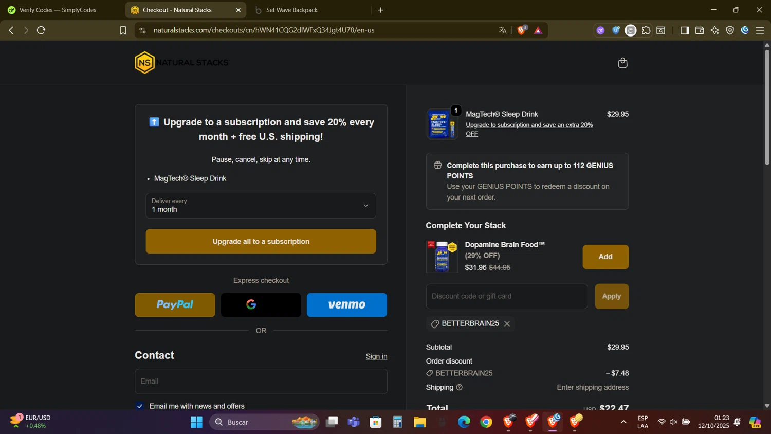 Natural Stacks promo code screenshot showing code BETTERBRAIN25 applied at Natural Stacks checkout page. Uploaded by SimplyCodes community member DealAdmiral5466 on Oct 12, 2025