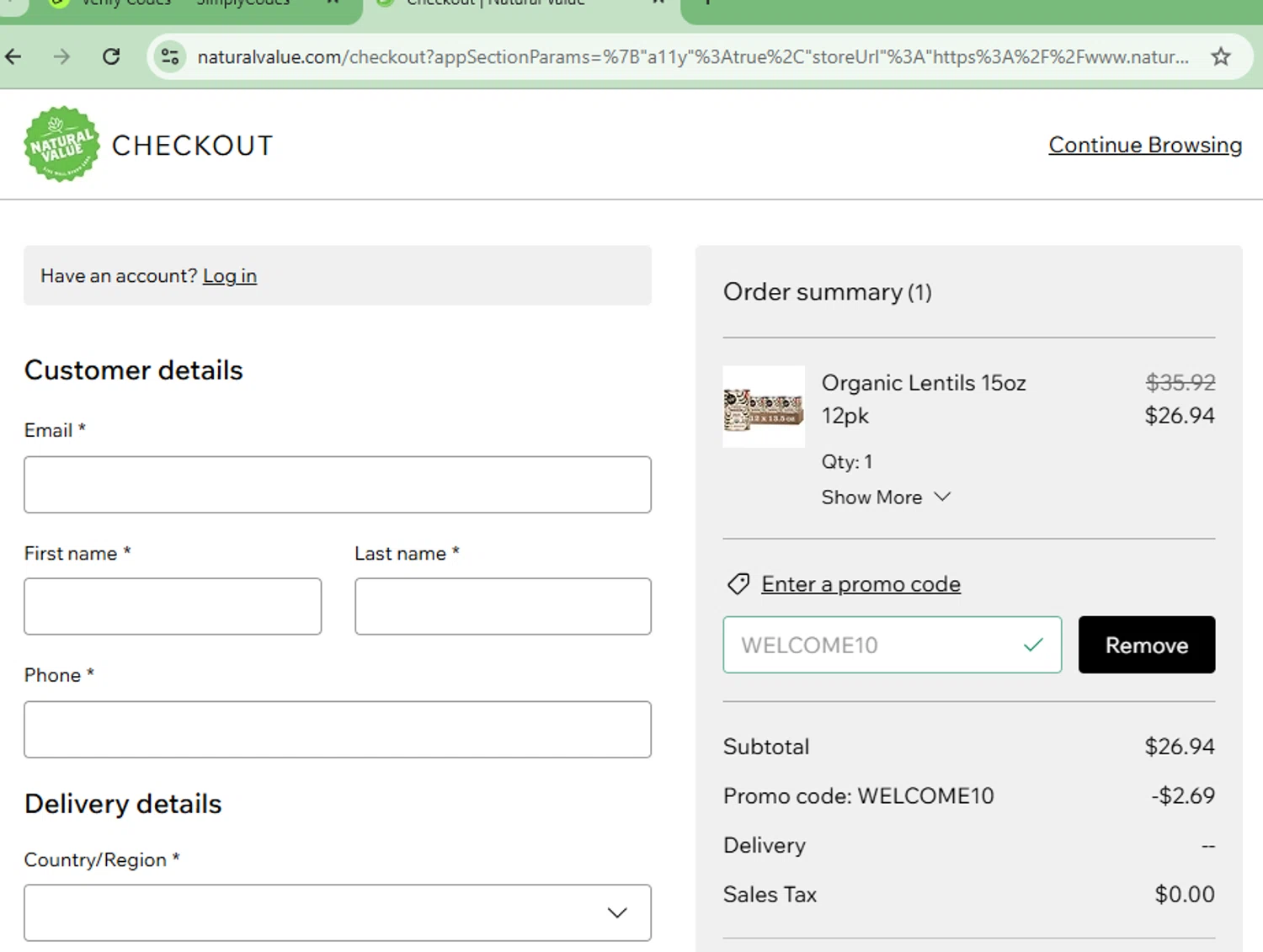 Natural Value promo code screenshot showing code WELCOME10 applied at Natural Value checkout page. Uploaded by SimplyCodes community member CoinOwl9375 on Oct 28, 2025