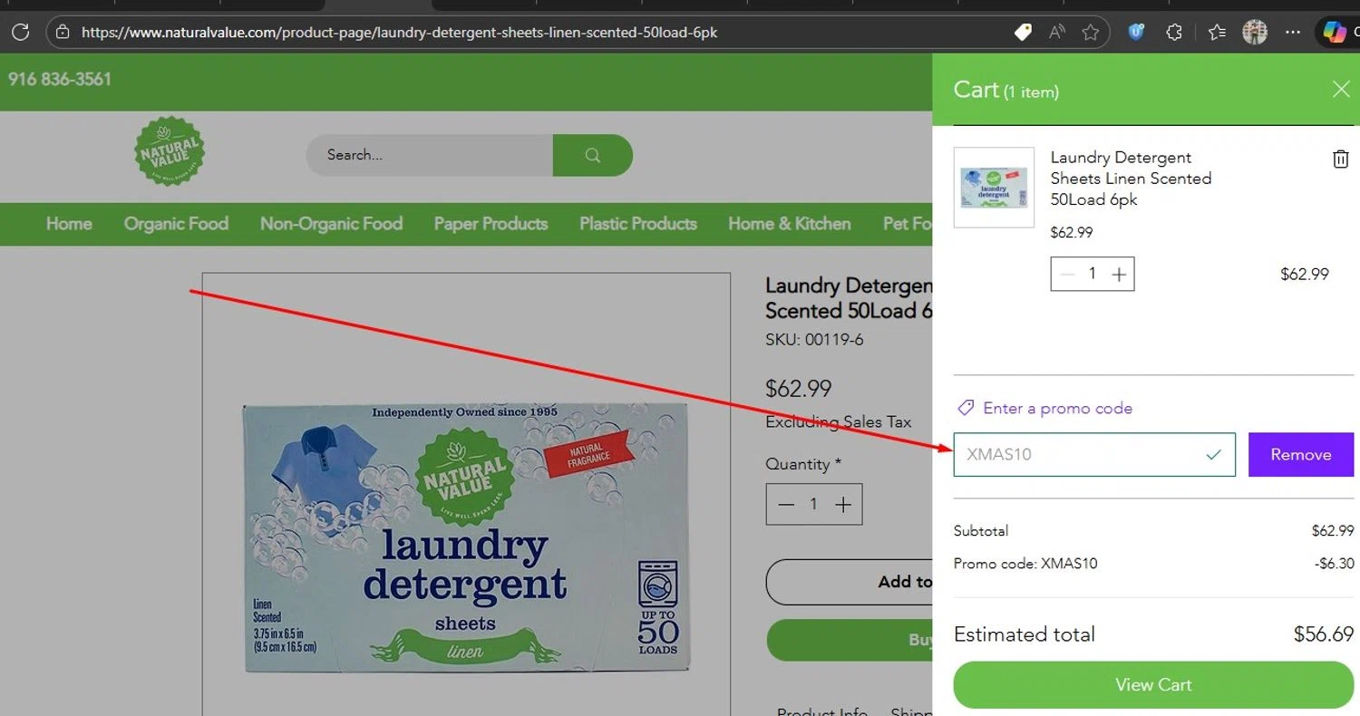 Natural Value promo code screenshot showing code XMAS10 applied at Natural Value checkout page. Uploaded by SimplyCodes community member HonestVzla on Dec 5, 2025