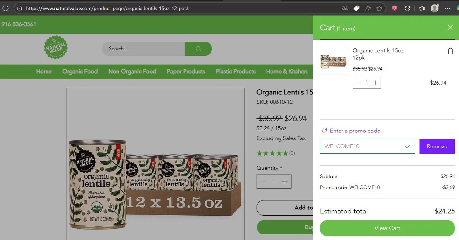 Natural Value promo code screenshot showing code WELCOME10 applied at Natural Value checkout page. Uploaded by SimplyCodes community member HonestVzla on Sep 1, 2025