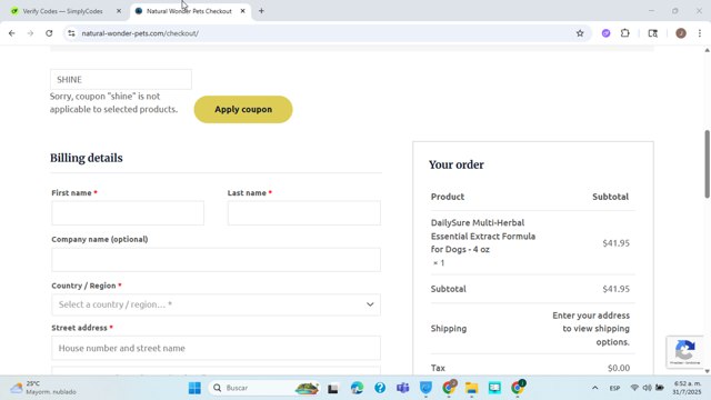 Natural Wonder Pets checkout page showing Natural Wonder Pets coupon code box | Screenshot taken by SimplyCodes community member on Jul 31, 2025