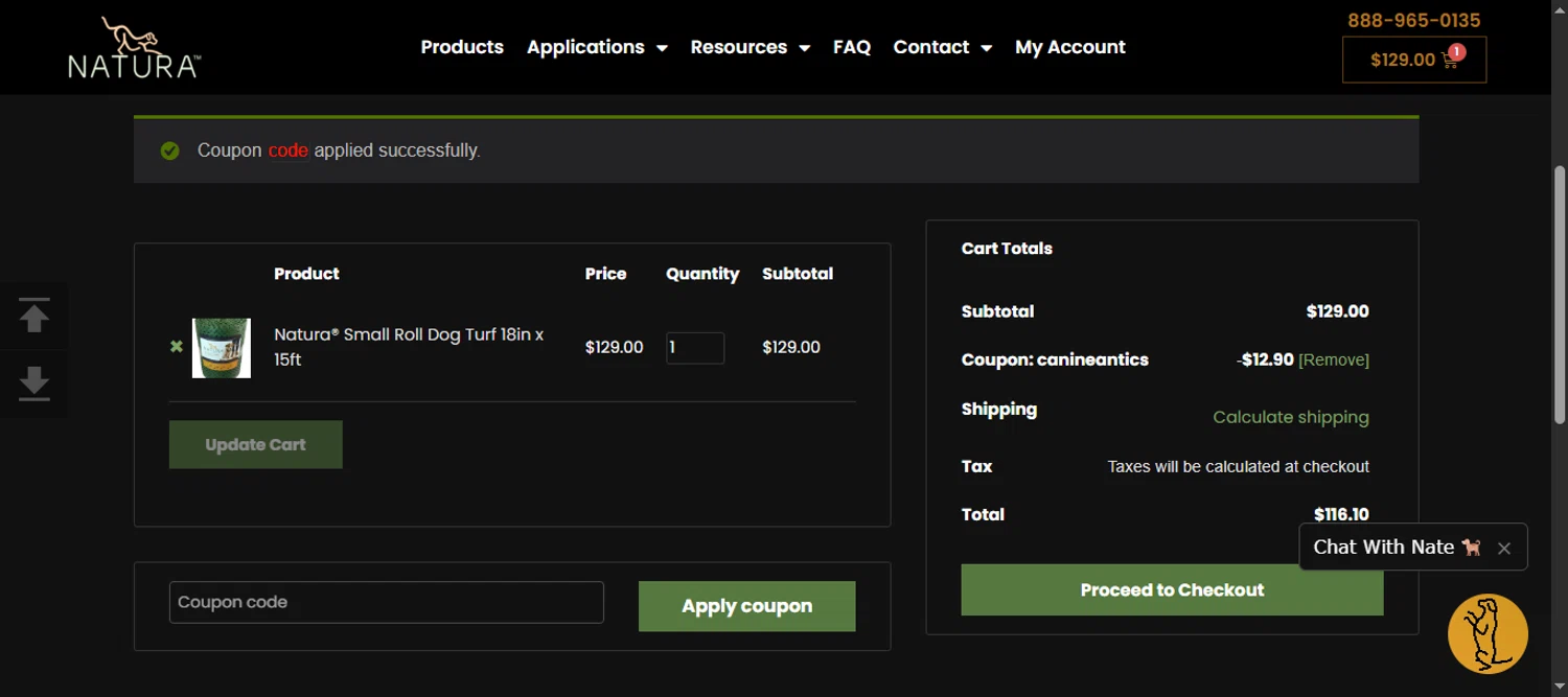 Natura-turf promo code screenshot showing code CanineAntics applied at Natura-turf checkout page. Uploaded by SimplyCodes community member 111111 on May 12, 2025