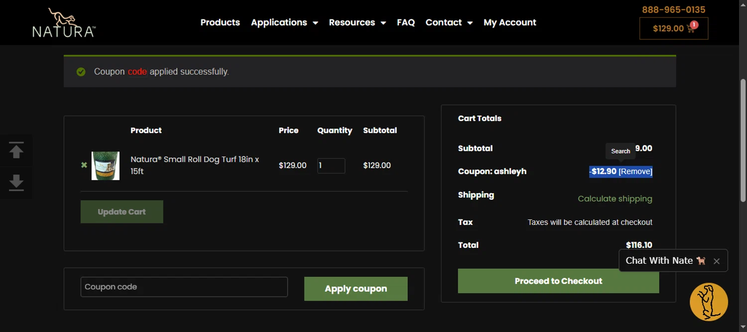 Natura-turf promo code screenshot showing code ASHLEYH applied at Natura-turf checkout page. Uploaded by SimplyCodes community member 111111 on May 12, 2025