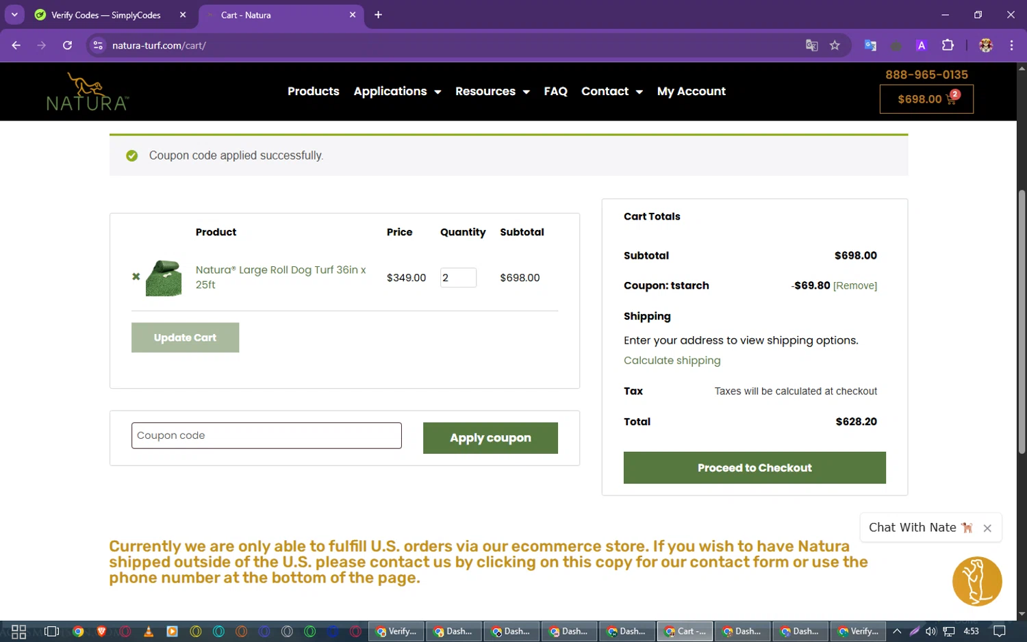 Natura-turf promo code screenshot showing code TSTARCH applied at Natura-turf checkout page. Uploaded by SimplyCodes community member PrimeSeeker905 on Apr 11, 2025