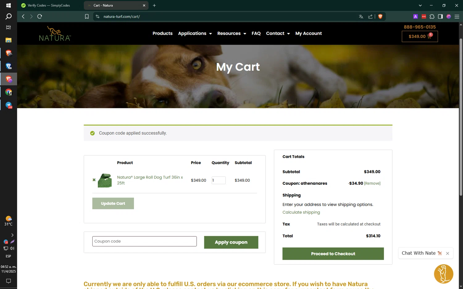 Natura-turf promo code screenshot showing code ATHENANARES applied at Natura-turf checkout page. Uploaded by SimplyCodes community member jMoya06 on Apr 11, 2025