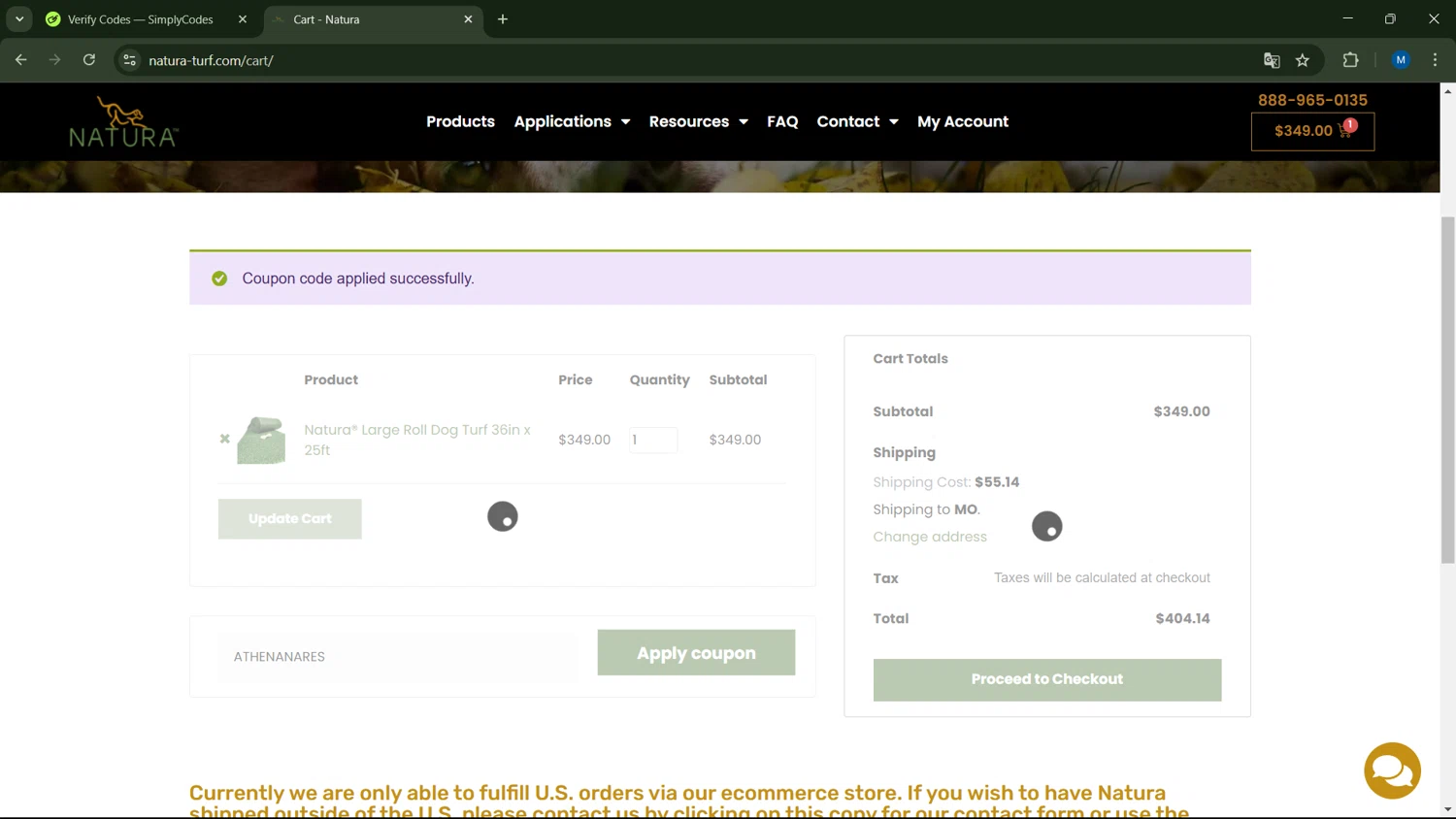 Natura-turf promo code screenshot showing code ATHENANARES applied at Natura-turf checkout page. Uploaded by SimplyCodes community member ScanNavigator5190 on Feb 18, 2025