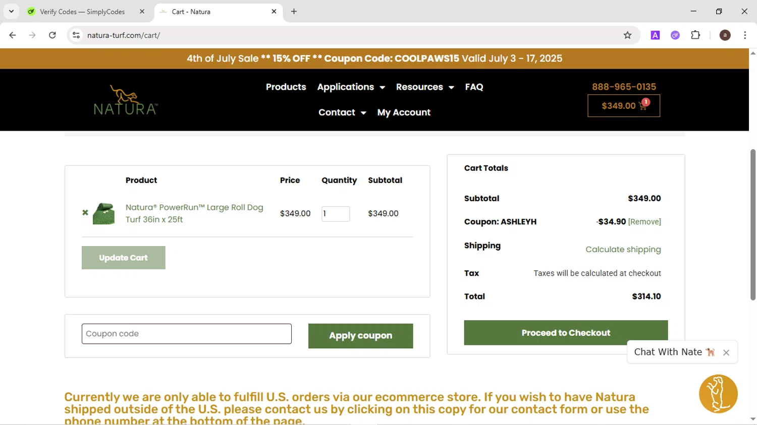 Natura-turf promo code screenshot showing code ASHLEYH applied at Natura-turf checkout page. Uploaded by SimplyCodes community member CodeMaverick246 on Jul 9, 2025
